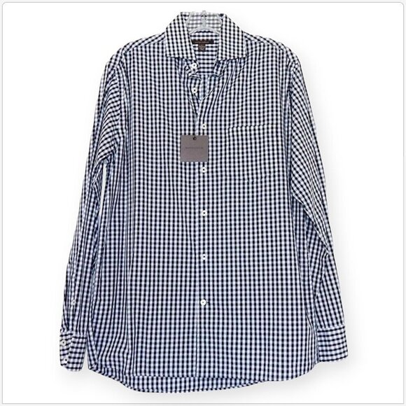 Martin Gordon Men's Navy and White Check Plaid Button Front Shirt NWT NEW $150 S - Picture 1 of 3
